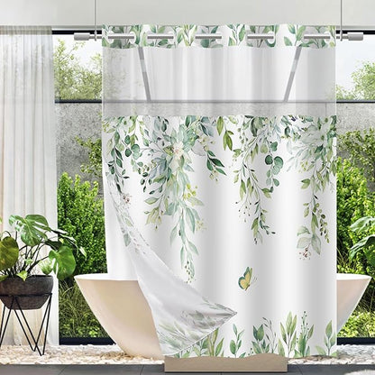 No Hook Shower Curtain and Liner Set, Mint Green Eucalyptus 71x74 | Floral Design, with Snap in Liner, Waterproof, Machine Washable, Quick-Drying, for Hotel Bathroom