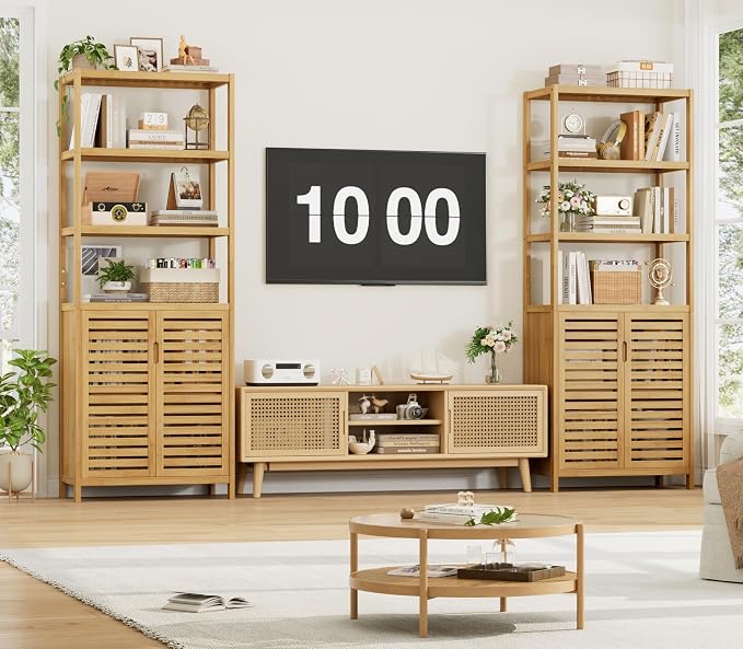 6-Tier Bamboo Book Shelves with 2 Door, Tall Bathroom Storage Cabinet | Freestanding Natural Bamboo Cabinet, 67" Tall Cabinet w/Plant Stand for Home Office, Living Room, Kitchen Dining,Balcony,2PCS