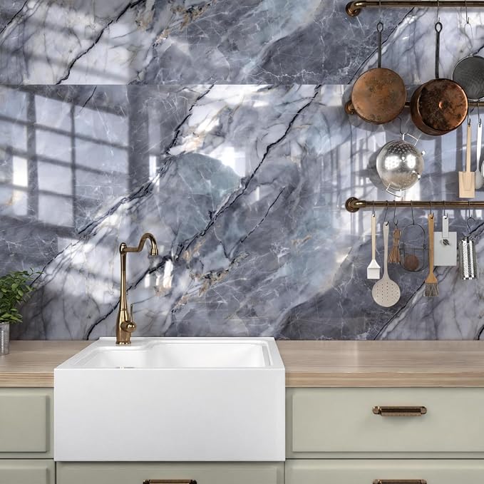 Marble Peel and Stick Waterproof Wall Paneling, 118" x 47" Pietra Grey Glossy Finish Self-Adhesive Backsplash Tile Vinyl Wall Panel for Kitchen Bathroom Wall Decor, Covers 38.75 Sq. Ft.