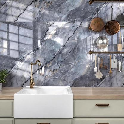 Marble Peel and Stick Waterproof Wall Paneling, 118" x 47" Pietra Grey Glossy Finish Self-Adhesive Backsplash Tile Vinyl Wall Panel for Kitchen Bathroom Wall Decor, Covers 38.75 Sq. Ft.