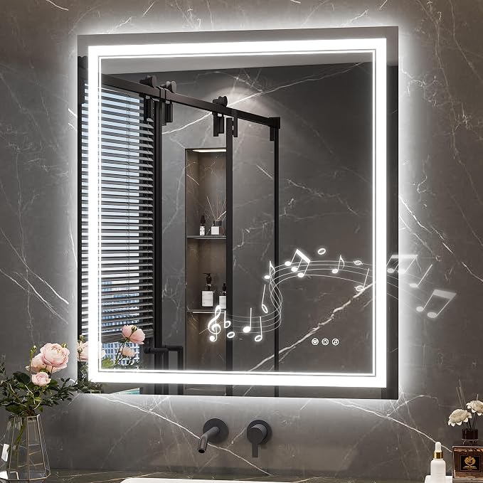 Keonjinn 32 x 36 Inch LED Bathroom Mirror with Lights, Frontlit & Backlit | Bluetooth Speaker, Bluetooth Mirror Bathroom, Stepless Dimmable 3-Color Lights, Tempered Glass, Fast & Safe Defogging, CRI90+