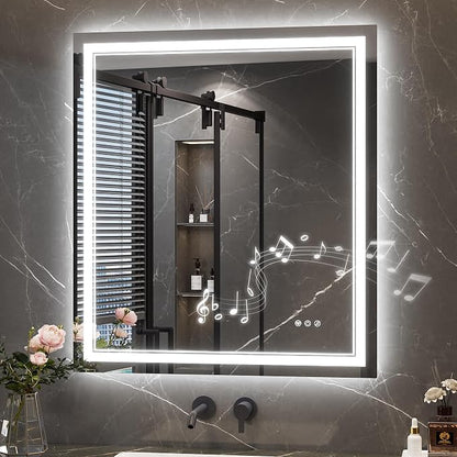 Keonjinn 32 x 36 Inch LED Bathroom Mirror with Lights, Frontlit & Backlit | Bluetooth Speaker, Bluetooth Mirror Bathroom, Stepless Dimmable 3-Color Lights, Tempered Glass, Fast & Safe Defogging, CRI90+