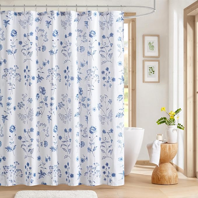 Martha Stewart 100% Cotton Floral Shower Curtain, 72 x 72, Blue | Martha's Garden Series, Botanical Floral Print, Spa Quality Modern, Machine Washable, Modern Bathroom Curtains