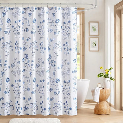 Martha Stewart 100% Cotton Floral Shower Curtain, 72 x 72, Blue | Martha's Garden Series, Botanical Floral Print, Spa Quality Modern, Machine Washable, Modern Bathroom Curtains