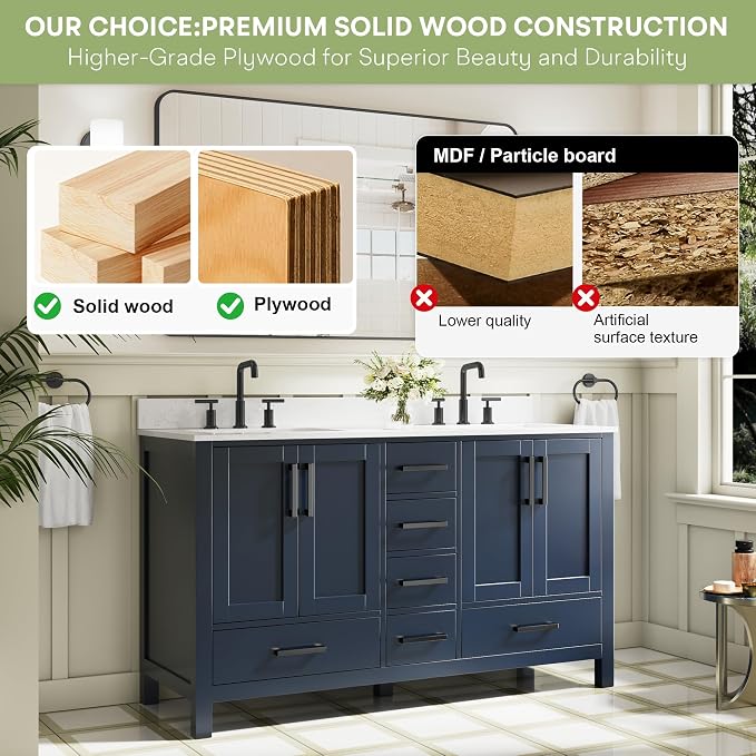 60-Inch Bathroom Vanity with Sink, 4 Soft-Close Doors and 6 Soft-Close Drawers, Bathroom Freestanding Vanity with Cultured Marble Countertop, Navy Blue Vanity with Matte Black Handles