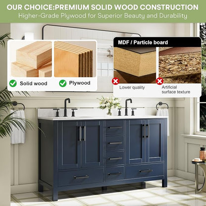 60-Inch Bathroom Vanity with Sink, 4 Soft-Close Doors and 6 Soft-Close Drawers, Bathroom Freestanding Vanity with Cultured Marble Countertop, Navy Blue Vanity with Matte Black Handles