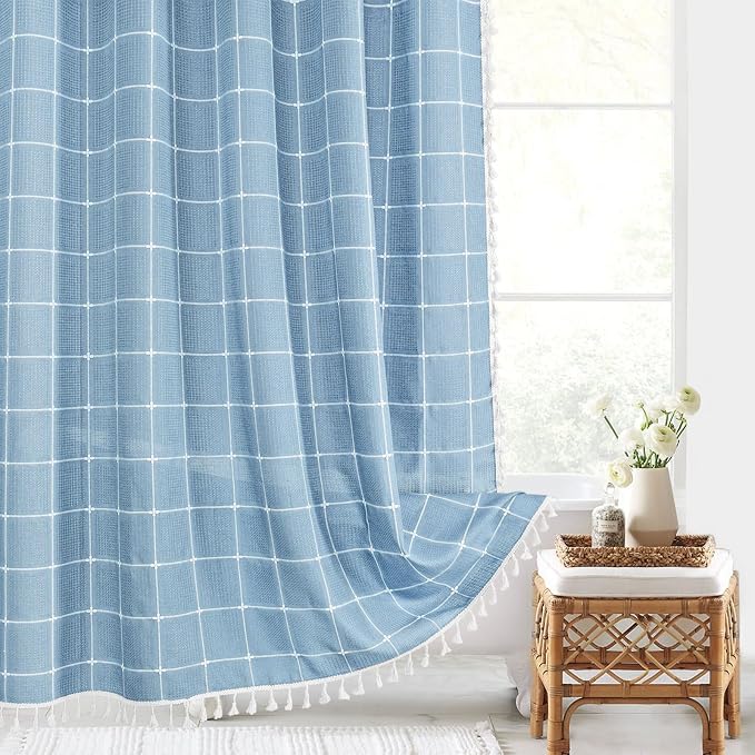 Blue Boho Farmhouse Shower Curtain with Tassels, Rustic Cottagecore Aesthetic Bohemian Chic Modern Bathroom Decor Thick Waffle Textured Fabric Shower Curtain Set with Hooks, 72x72 | 320 GSM French Country Plaid Tassel Shower Curtain, Rustic Aesthetic B...