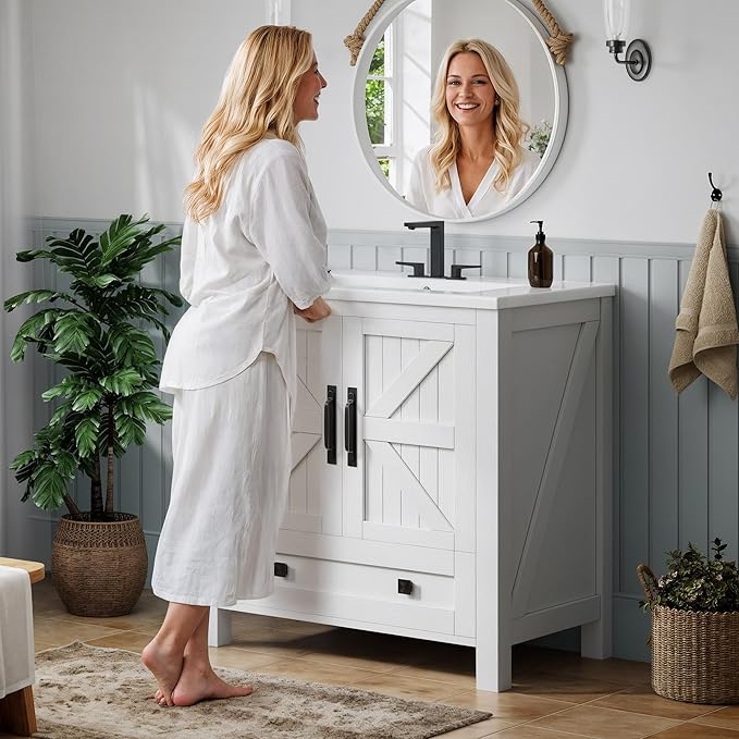 YITAHOME 30 Inch Farmhouse Bathroom Vanity with Sink, Small Space Bathroom Storage Cabinet with Large Drawer, 2 Wood Barn Doors with Built-in Door Racks