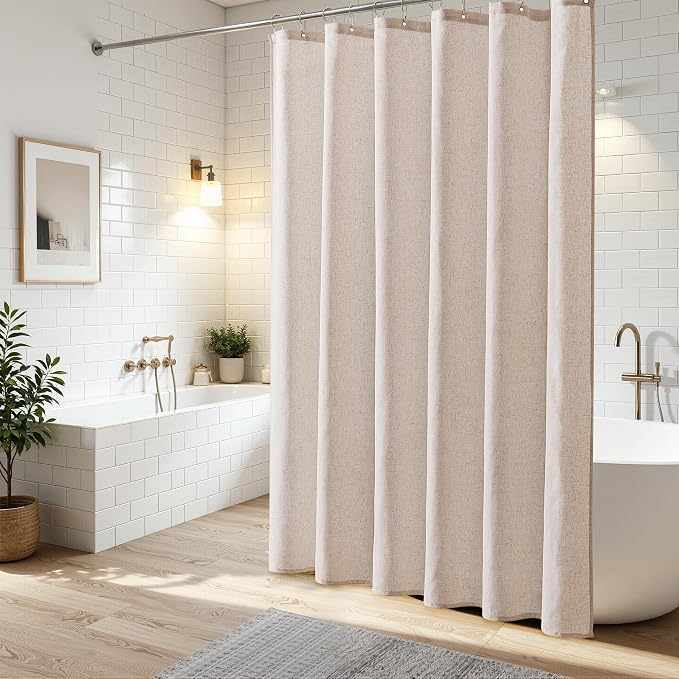 Extra Long Linen Shower Curtain 90 Inch Long Shower Curtains Set with Hooks for Bathroom Boho Farmhouse Fabric Neutral Cloth Modern Cottage Core Waterproof,Cream Beige