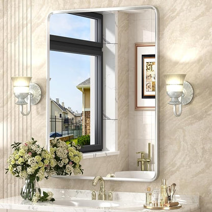 24x36 Inch Silver Framed Mirror | Silver Bathroom Vanity Mirror for Wall, Rounded Rectangle Mirror, Shatterproof, Painted, Anti-Rust (Horizontal/Vertical)