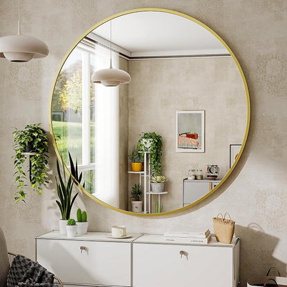 BEAUTYPEAK 48 Inch Round Mirror, Metal Frame Circle Mirror, Gold | Wall Mounted for Entryway, Bathroom, Vanity, Living Room