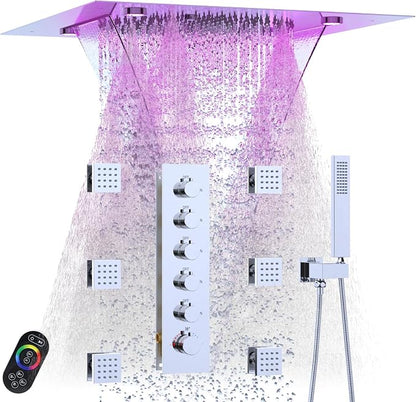 Enga 20 Inch Rain Shower System, LED Atomizing Rainfall Waterfall Large Horizontal Square Ceiling Shower Head with Remote Control Thermostatic Shower Faucet Set Flow Can Be Controlled, Chrome