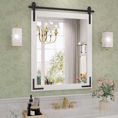 Farmhouse Bathroom Mirror, 24x32 Inch White Vanity Mirror for Wall, Wood Framed Rustic Mirror Rectangular Wall Decor Mirrors for Entryway Living Room Bedroom