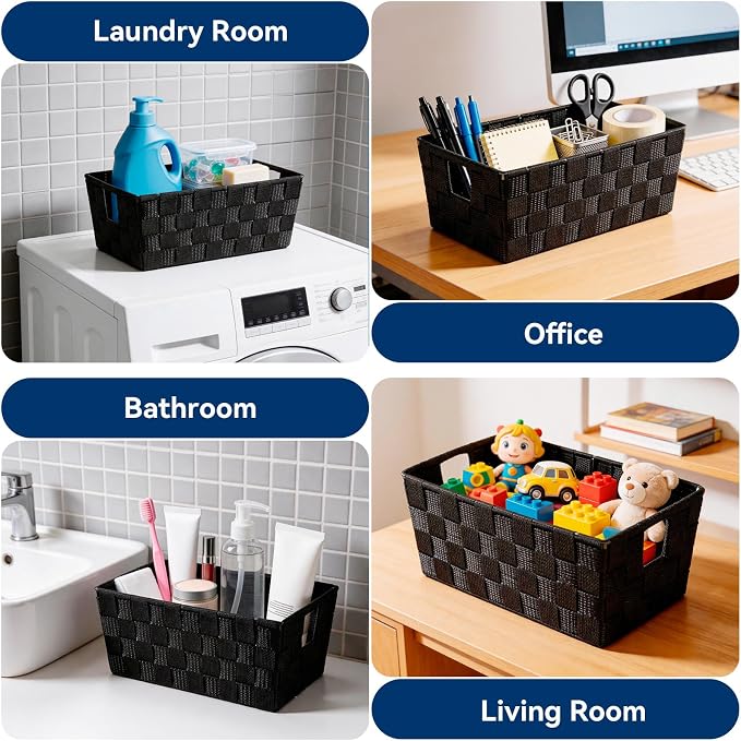 Whitmor Small Woven Storage Baskets for Shelves - Decorative Organizer Bins with Metal Structure, Versatile Shelf Storage Solution for Home Organization & Closet (Black)