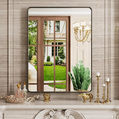 Black Bathroom Mirror 30"x 21", Black Metal Framed Mirror for Wall, Rounded Rectangle Matte Bathroom Vanity Mirror with Tempered Glass, Anti-Rust, Horizontal/Vertical