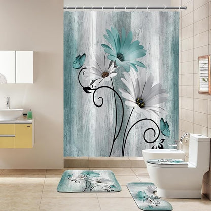 Onalasyc 4PCS Teal Daisy Floral Bathroom Sets with Shower Curtain and Rugs | Country Floral Butterfly Shower Curtain Set,Modern Bathroom Decor Shower Curtains Set with Rugs Toilet Lid Cover and 12 Hooks