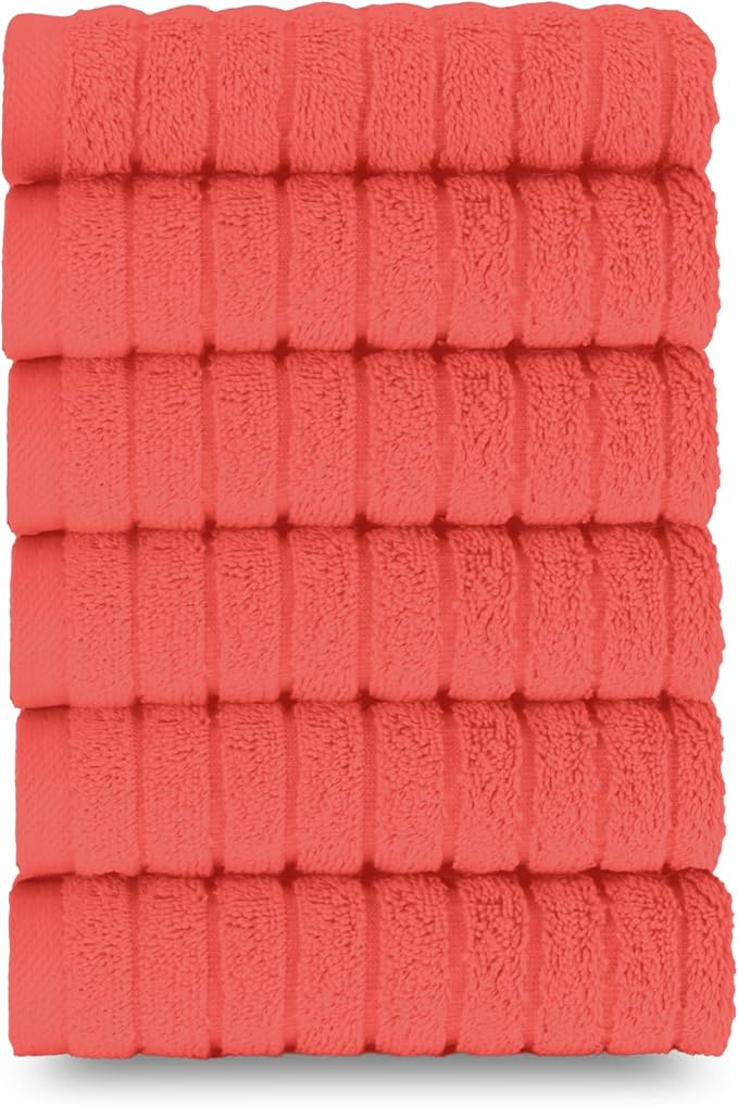 Elegant Comfort 100% Turkish Cotton Corduroy Ribbed Luxury Washcloths 6 Pack Soft 13 x 13 Inch - Higly Absorbent, Durable, Quick Dry, Spa Premium Hotel Quality for Bathroom or Travel, Coral