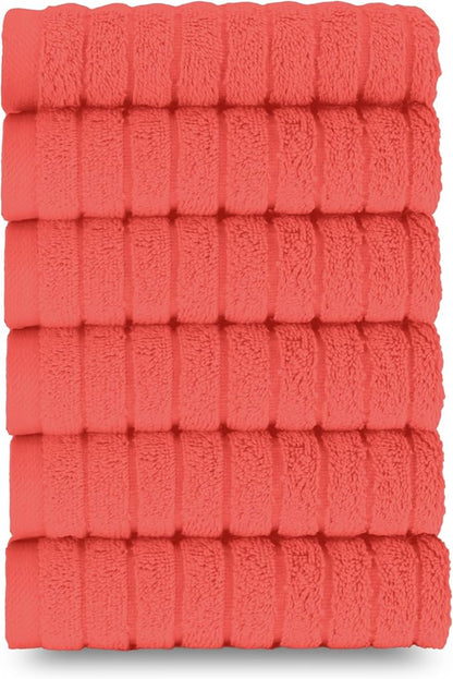 Elegant Comfort 100% Turkish Cotton Corduroy Ribbed Luxury Washcloths 6 Pack Soft 13 x 13 Inch - Higly Absorbent, Durable, Quick Dry, Spa Premium Hotel Quality for Bathroom or Travel, Coral