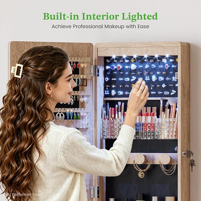 HNEBC Jewelry Cabinet with Lights,Wall Mounted Jewelry Organizer with Full-Length Mirror,Over The Door Hanging Jewelry Armoire Storage Cabinet,Lockable,Gift Idea-Brown