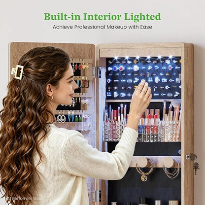HNEBC Jewelry Cabinet with Lights,Wall Mounted Jewelry Organizer with Full-Length Mirror,Over The Door Hanging Jewelry Armoire Storage Cabinet,Lockable,Gift Idea-Brown