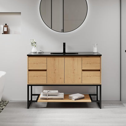 LUCKWIND 48" Modern Bathroom Vanity with Single Black Sink Combo, Freestanding Storage Cabinet with Metal Frame, Matte Black Faucet and Open Shelf and 2 Soft-Closing Door, Natural
