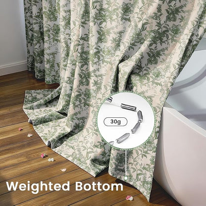 Farmhouse Sage Green Floral Shower Curtain with 12 Clear Rings 72"W x 84"L | Fabric Faux Linen Shower Curtain Set, Vintage Cottagecore Shower Curtain for Bathroom