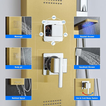 5-in-1 LED Shower Panel Tower System Stainless Steel Gold | Rainfall head | 2 massage jets | Handheld shower | Tub spout | LED lights | Wall mount