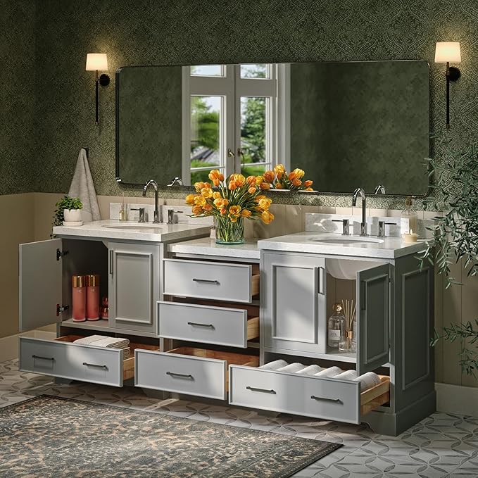 ARIEL Stafford 84-inch Bathroom Vanity with Sink,Solid Wood, 1.5in Italian Carrara Marble Countertop & Backsplash, Double Oval Porcelain Sink, 4 Soft Closing Doors, 5 Dovetail Drawers, Grey