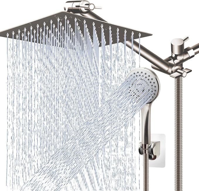 Shower Head Combo,12" Brushed Nickel High Pressure with 11" Extension Arm | Rain Shower Head with 5 Settings Handheld Shower Head Combo,Powerful Shower Spray Against Low Pressure Water
