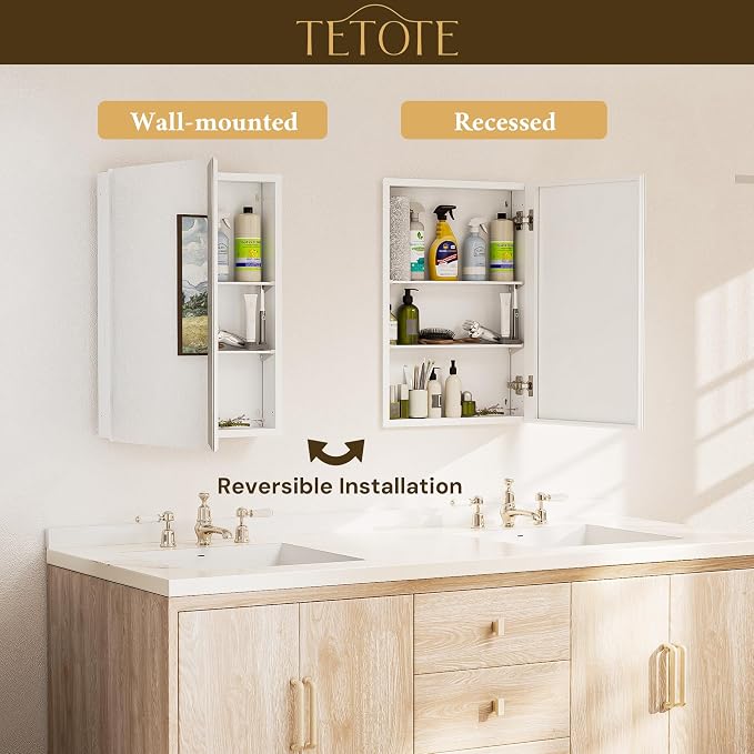 TETOTE 14 x 18 Medicine Cabinet with Tempered Beveled Mirror White Aluminum Cabinet DTC Hinges, 2 Stepless Adjustable Shelves, Recessed/Surface-Mounted