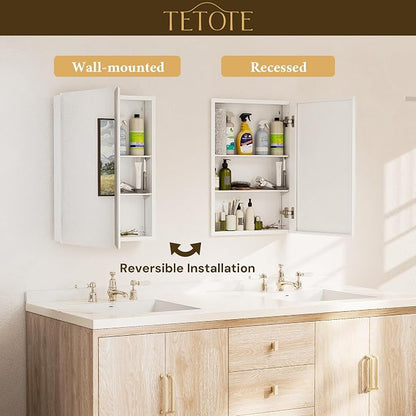 TETOTE 14 x 18 Medicine Cabinet with Tempered Beveled Mirror White Aluminum Cabinet DTC Hinges, 2 Stepless Adjustable Shelves, Recessed/Surface-Mounted