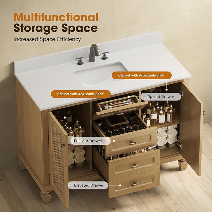 48 Inch Bathroom Vanity with Sink, Light Oak | Fully Pre-Assembled, Solid Wood Bathroom Cabinet, Marble Countertop & Backsplash, Soft Closing 2 Doors & 3 Drawers