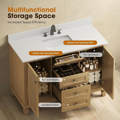 48 Inch Bathroom Vanity with Sink, Light Oak | Fully Pre-Assembled, Solid Wood Bathroom Cabinet, Marble Countertop & Backsplash, Soft Closing 2 Doors & 3 Drawers