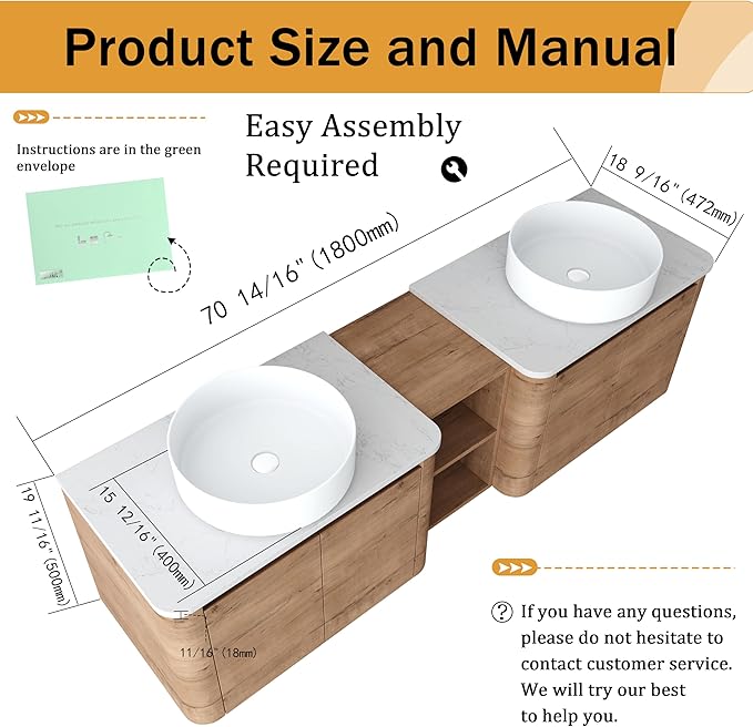 Malwee 72" Floating Bathroom Vanity with Sink, 72 Inch Wall Mounted Bathroom Cabinet Combo, Modern Double Sink Bath Storage Vanity Set, with 4 Soft Close Doors and Ceramic Vessel Basin Top(72-400
