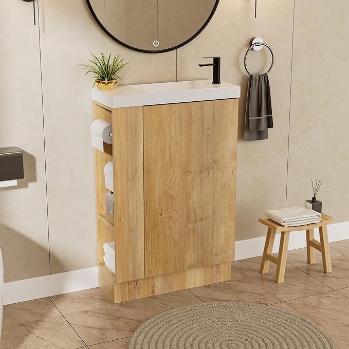20" Small Bathroom Vanity with Sink Narrow Depth Bathroom Vanities,Wood Vanity Cabinet,Soft Closing Door,Adjustable Shelves,Modern Wall Decor,Oak