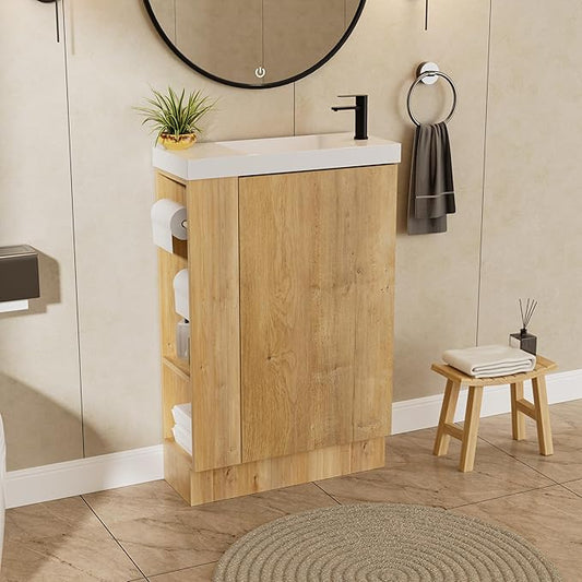 20" Small Bathroom Vanity with Sink Narrow Depth Bathroom Vanities,Wood Vanity Cabinet,Soft Closing Door,Adjustable Shelves,Modern Wall Decor,Oak