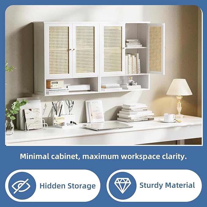 HITNET Rattan Wall Cabinet, Bathroom Hanging Storage Cupboard Over The Toilet, Space Saving Medicine Cabinet with Adjustable Shelf, White
