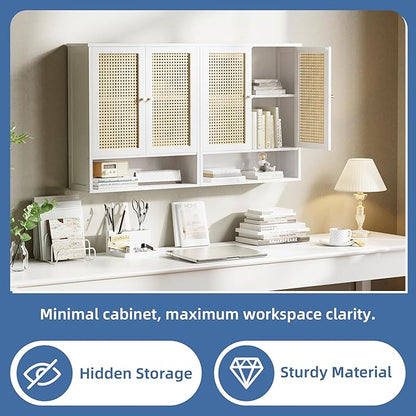 HITNET Rattan Wall Cabinet, Bathroom Hanging Storage Cupboard Over The Toilet, Space Saving Medicine Cabinet with Adjustable Shelf, White