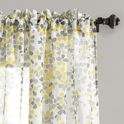 Lush Decor Weeping Flower Sheer Window Curtain Panels, Pair, 38" W x 84" L + 2" Header, Yellow & Gray - Sheer Curtains - Farmhouse Decor - Floral Curtains for Living Room, Bedroom & Dining Room