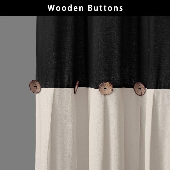 Farmhouse Shower Curtain Linen Button Black-Cream 72" W x 72" L | Farmhouse Style, Chic Button, Striped, Linen Fabric, Rustic, Country, Natural Look, Washable, for Bathroom Bathtub
