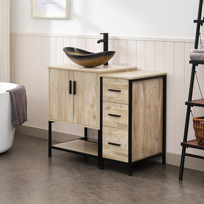 UEV 36" Rustic Oak Bathroom Vanity with Sink Combo,Industrial Iron Frame Bathroom Cabinet Sets with 3 Drawers Side Cabinet,Modern Champagne Boat Tempered Glass Vessel Sink(029CH