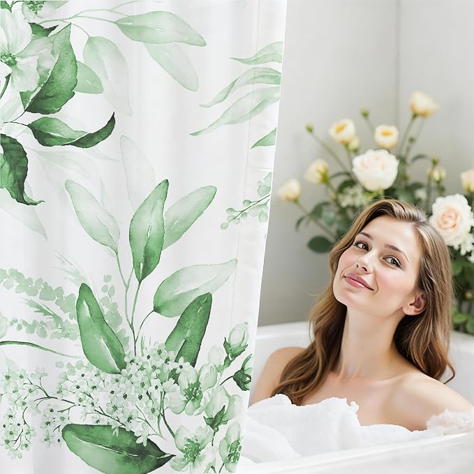 Floral Flower Green Shower Curtain with 12 Hooks,120GSM 72x72 | CHIC BATH DECOR: Features watercolor abstract design; waterproof green shower curtain set with 12 plastic hooks