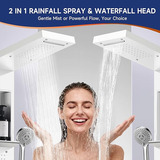 Shower Panel System, Multi-Function Shower Tower With 4 Body Spray, 5 Handheld Settings, Shelf & Adjustable Height, Rainfall + Waterfall Shower Head, Rain Massage Spa System