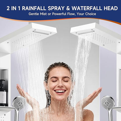 Shower Panel System, Multi-Function Shower Tower With 4 Body Spray, 5 Handheld Settings, Shelf & Adjustable Height, Rainfall + Waterfall Shower Head, Rain Massage Spa System