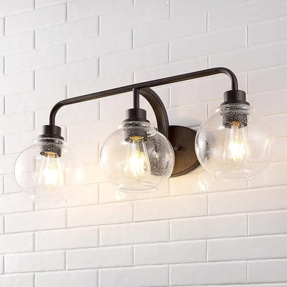 JONATHAN Y 26.25" Oil Rubbed Bronze Farmhouse LED Vanity Light Wall Sconce for Bathroom, Clear Seeded Glass Shade, Industrial Iron Indoor Fixture, LED Bulb Included (JYL7528A)