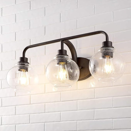 JONATHAN Y 26.25" Oil Rubbed Bronze Farmhouse LED Vanity Light Wall Sconce for Bathroom, Clear Seeded Glass Shade, Industrial Iron Indoor Fixture, LED Bulb Included (JYL7528A)