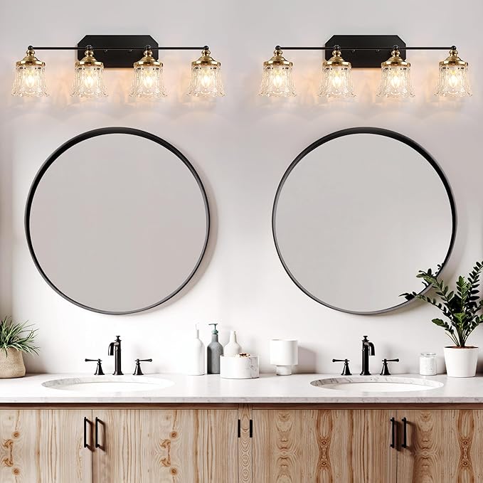 Vintage Bathroom Vanity Light Fixtures, Black and Gold 4-Light Vanity Light, Antique Bathroom Lighting Fixtures Over Mirror with Crystal Glass Shade, Vanity Lights for Bedroom Living Room Hallway