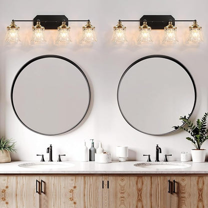 Vintage Bathroom Vanity Light Fixtures, Black and Gold 4-Light Vanity Light, Antique Bathroom Lighting Fixtures Over Mirror with Crystal Glass Shade, Vanity Lights for Bedroom Living Room Hallway