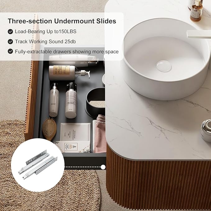 30 inch Bathroom Vanity with Sink, Floating Cabinet with Ultra-Thin Ceramic Basin and Marble Top, Extra Large Storage Drawer, Soft-Close Design, Nature Wood