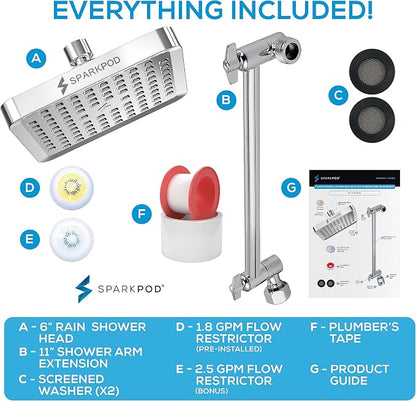 SparkPod 6" Square Rain Shower Head with 11" Shower Arm | Shower Head & Extension Arm Combo, Height Adjustable, High Pressure Performance, Easy 1-Minute Installation, Polished Chrome